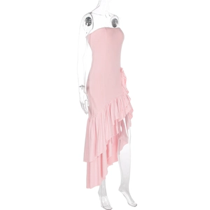 Detail of pink strapless dress with asymmetric ruffled high-low hem and slim fit
