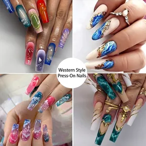Press On Nails Coffin Ballerina Long Square False Nails Marble Gold Foil 3D Relief Glitter Manicure Fashionable Hand Decor For Women