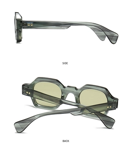 Side and back view of retro narrow sunglasses in gray-green frame with CE marks
