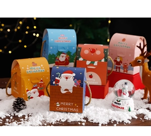 Colorful Christmas gift boxes with Santa and reindeer illustrations in a snow scene