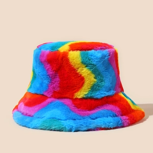 Colorful Rainbow Plush Bucket Hat Faux Fur Winter Warm Stripe Leopard Print Outdoor Fashion Unisex For Women Men