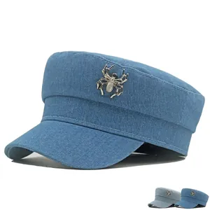 Casquette Cadet En Denim Vintage Avec Badge Araignée En Métal Chapeau Plat Marine Pour Hommes Et Femmes