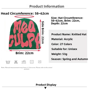 Size chart showing head circumference and dimensions for the Mea Culpa knitted beanie