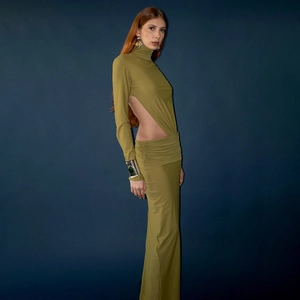 Slim fit olive green long sleeve dress with waist cut-out and high neck design