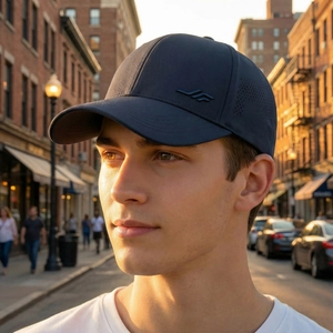 Men's navy blue breathable baseball cap with laser-cut holes and long brim for sun protection