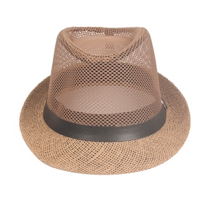 Men's breathable mesh straw fedora hat with brown leather band for summer outdoor sun shade