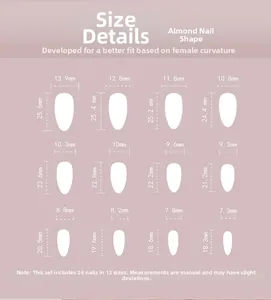 Detailed sizing chart for almond press-on nails featuring 12 different width measurements