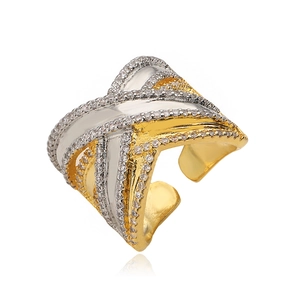 Minimalist wide open ring with 18K gold-plated X-shaped cross design and pavé zircon stones