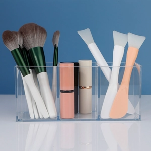 Clear acrylic makeup brush holder with 3 slots for lipsticks and cosmetic tools