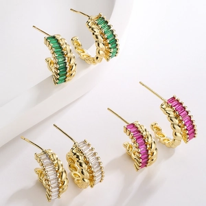 C-Shaped Hoop Earrings For Women Copper 18K Gold Plated Micro-Set Rectangular Cubic Zirconia Chic Twisted Metal Texture