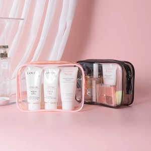 Pink and brown waterproof PVC makeup bags with large capacity for travel storage