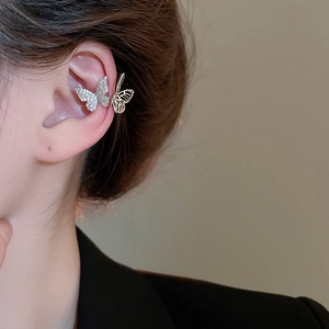 Silver zircon butterfly ear cuff with sparkling rhinestones and hollow design