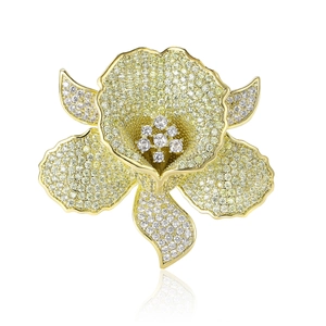 Elegant gold flower brooch with micro-paved yellow and white zircons for luxury gowns