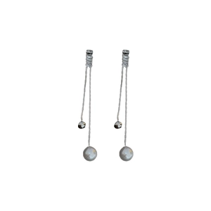 Elegant long silver drop earrings with white pearls and zirconia chain tassel design
