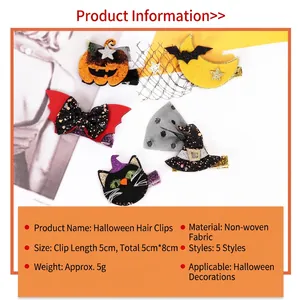 Set of 5 Halloween hair clips with pumpkin, bat, and wizard hat designs in mesh fabric