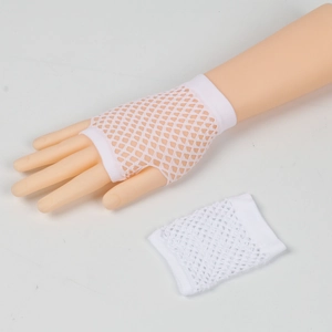 Close-up of white mesh fingerless fishnet gloves with elastic texture and punk style