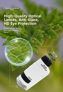 Macro view of portable handheld microscope showing 60X-120X focus knobs and optical lens
