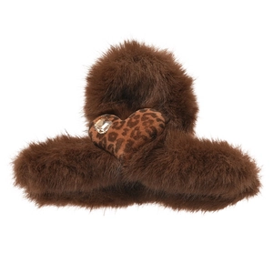 Brown plush flower hair claw clip with leopard print heart and sparkling rhinestone