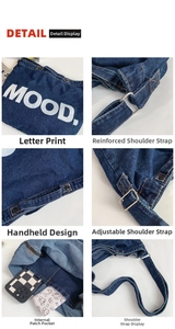 Detail view of denim bag featuring MOOD print, metal buckles and reinforced strap
