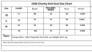 Size chart for texture vest showing length, bust, shoulder, and waist measurements in cm