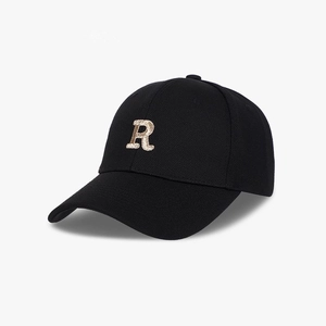 Classic black baseball cap with 3D embroidered R letter and wide curved brim for men and women