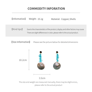 Detailed chart showing shell earrings dimensions 10.2cm by 3.5cm and weight specifications