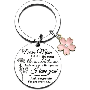 Stainless steel keychain with engraved mom message and pink enamel flower charm