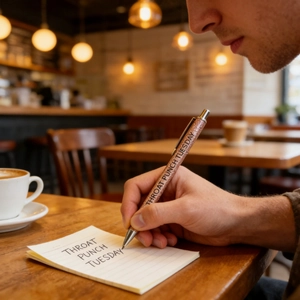 Detailed close-up of rose gold glitter retractable pen writing on a notepad in a cafe
