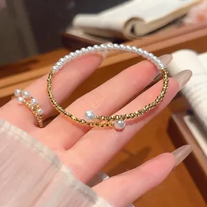 Artificial Pearl Beaded Bracelet And Ring Gold Plated Copper Faceted Beads Layered Wrap Elegant Jewelry For Women