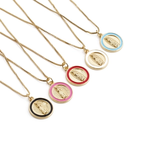 Gold plated portrait necklace with colorful enamel Virgin Mary pendants on white base