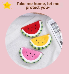 Plush watermelon coin purses in red, yellow and pink with metal chains and top zippers