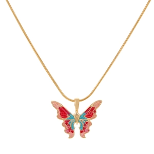Gold butterfly pendant necklace with colorful enamel wings on a sleek snake chain