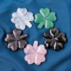 Natural Crystal Four Leaf Clover Carved Lucky Stone Healing Specimen Desktop Decor Ornament Figurine
