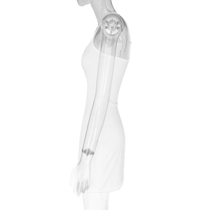 Detailed side profile of white ribbed knit bodycon dress on mannequin