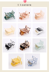 Detailed grid view of 11 colors of acetic acid hair claws with marble and checker patterns