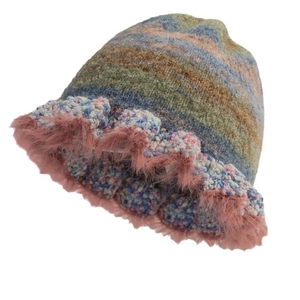 Retro kleurrijke gestreepte gebreide vissershoed met roze faux fur bontrand