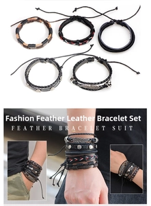 Detail of adjustable five-piece leather bracelet set with feather and star charms