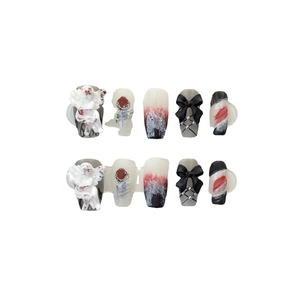 Handmade press-on nails with 3D baroque angels, bows, and rose designs, 10-piece set