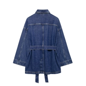Deep blue denim jacket with back waist tie and turn-down collar on white background