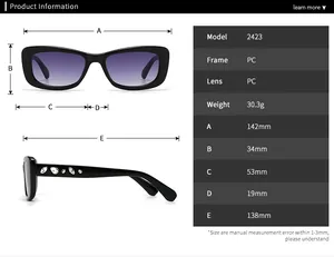 Detailed size specifications for square rhinestones sunglasses showing frame dimensions