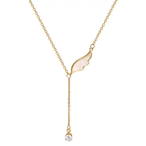 Golden titanium steel Y-necklace with mother of pearl angel wing and crystal drop