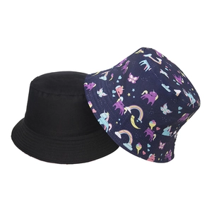 Black and blue unicorn print cotton bucket hats for children, reversible sun protection style