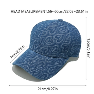 Detailed size chart for blue denim baseball cap with heart patterns and dimensions