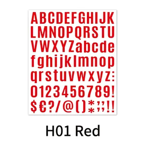 Close-up of bright red alphanumeric stickers featuring uppercase, lowercase letters and numbers