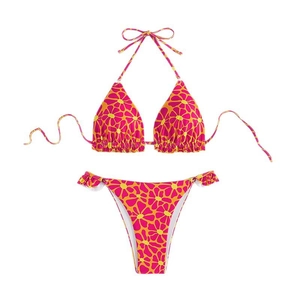 Floral bikini set with ruffles and halter tie in vibrant pink and yellow prints