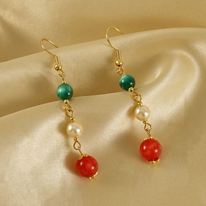 Boucles d'oreilles pendantes en acier 18k avec perles et agate style français