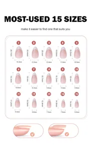 Guide des tailles pour faux ongles amande avec 15 mesures détaillées de longueur et largeur