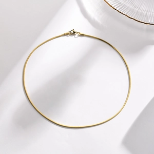 Flat lay of minimalist golden snake bone chain necklace with lobster clasp on white background