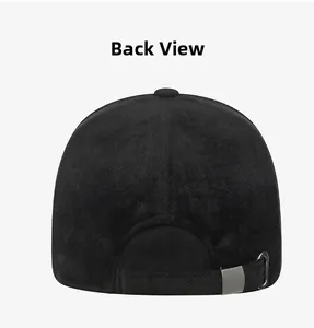 Detail view of the black baseball cap back with adjustable metal buckle and strap