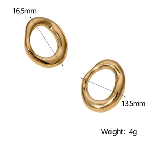 Detail view of irregular gold stainless steel hoop earrings with size measurements